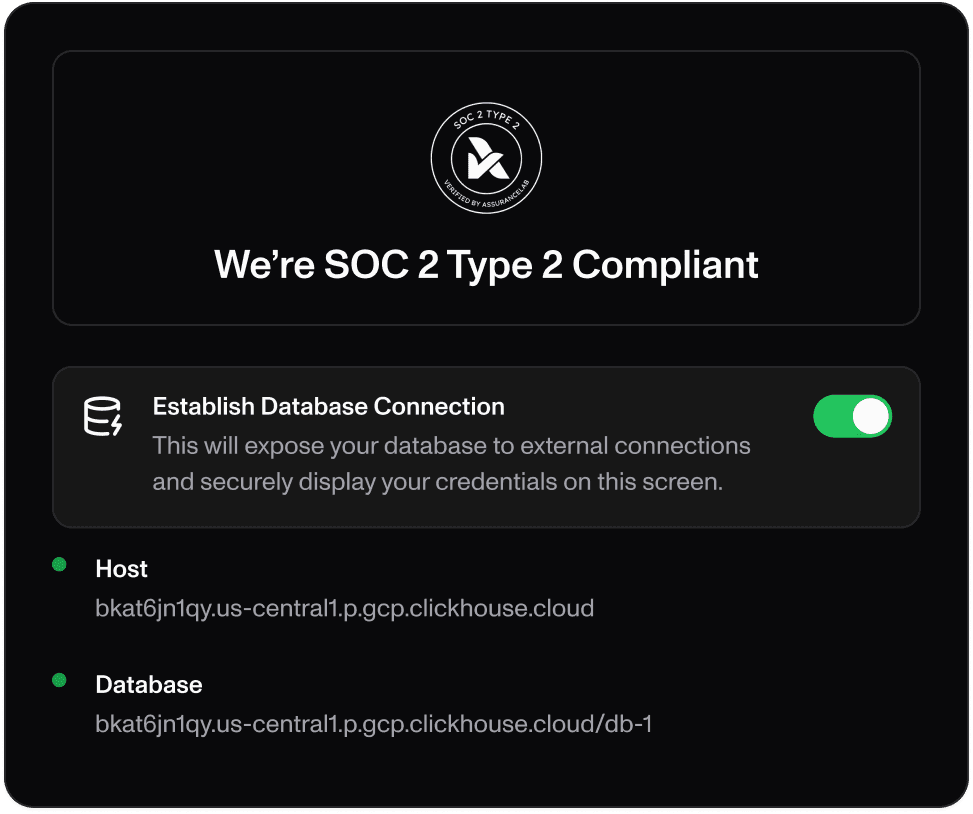 Interface showing SOC 2 Type II compliance and database connection settings. Toggle enabled to establish secure external database connection. Host and database credentials displayed. Emphasizes enterprise-grade security, encryption, and compliance.​​​​‌﻿‍﻿​‍​‍‌‍﻿﻿‌﻿​‍‌‍‍‌‌‍‌﻿‌‍‍‌‌‍﻿‍​‍​‍​﻿‍‍​‍​‍‌﻿​﻿‌‍​‌‌‍﻿‍‌‍‍‌‌﻿‌​‌﻿‍‌​‍﻿‍‌‍‍‌‌‍﻿﻿​‍​‍​‍﻿​​‍​‍‌‍‍​‌﻿​‍‌‍‌‌‌‍‌‍​‍​‍​﻿‍‍​‍​‍​‍﻿﻿‌﻿​﻿‌﻿‌​‌﻿‌‌‌‍‌​‌‍‍‌‌‍﻿﻿​‍﻿﻿‌‍‍‌‌‍﻿‍‌﻿‌​‌‍‌‌‌‍﻿‍‌﻿‌​​‍﻿﻿‌‍‌‌‌‍‌​‌‍‍‌‌﻿‌​​‍﻿﻿‌‍﻿‌‌‍﻿﻿‌‍‌​‌‍‌‌​﻿﻿‌‌﻿​​‌﻿​‍‌‍‌‌‌﻿​﻿‌‍‌‌‌‍﻿‍‌﻿‌​‌‍​‌‌﻿‌​‌‍‍‌‌‍﻿﻿‌‍﻿‍​﻿‍﻿‌‍‍‌‌‍‌​​﻿﻿‌​﻿​​​﻿​‌‌‍‌​​﻿​​​﻿‍​​﻿​﻿​﻿‌‍​﻿‌‍​‍﻿‌​﻿‍​‌‍‌‌‌‍‌‌​﻿‌​​‍﻿‌​﻿‌​​﻿‌﻿‌‍​‍‌‍​‍​‍﻿‌‌‍​‍​﻿‌‍​﻿‍​‌‍​‌​‍﻿‌​﻿‌﻿​﻿‍​‌‍​‌‌‍‌​​﻿‌‌​﻿​‌​﻿​‍​﻿‌​​﻿‌​​﻿‌‌‌‍‌‍‌‍​‍​﻿‍﻿‌﻿‌​‌﻿‍‌‌﻿​​‌‍‌‌​﻿﻿‌‌‍​‌‌﻿​﻿‌﻿​﻿‌‍‌‌‌﻿‌​​﻿‍﻿‌﻿​​‌‍​‌‌﻿‌​‌‍‍​​﻿﻿‌‌‍​‌‌‍﻿​‌﻿‌​​﻿﻿﻿‌‍​‍‌‍​‌‌﻿​﻿‌‍‌‌‌‌‌‌‌﻿​‍‌‍﻿​​﻿﻿‌​‍‌‌​﻿​‍‌​‌‍‌﻿​﻿‌﻿‌​‌﻿‌‌‌‍‌​‌‍‍‌‌‍﻿﻿​‍‌‍‌‍‍‌‌‍‌​​﻿﻿‌​﻿​​​﻿​‌‌‍‌​​﻿​​​﻿‍​​﻿​﻿​﻿‌‍​﻿‌‍​‍﻿‌​﻿‍​‌‍‌‌‌‍‌‌​﻿‌​​‍﻿‌​﻿‌​​﻿‌﻿‌‍​‍‌‍​‍​‍﻿‌‌‍​‍​﻿‌‍​﻿‍​‌‍​‌​‍﻿‌​﻿‌﻿​﻿‍​‌‍​‌‌‍‌​​﻿‌‌​﻿​‌​﻿​‍​﻿‌​​﻿‌​​﻿‌‌‌‍‌‍‌‍​‍​‍‌‍‌﻿‌​‌﻿‍‌‌﻿​​‌‍‌‌​﻿﻿‌‌‍​‌‌﻿​﻿‌﻿​﻿‌‍‌‌‌﻿‌​​‍‌‍‌﻿​​‌‍​‌‌﻿‌​‌‍‍​​﻿﻿‌‌‍​‌‌‍﻿​‌﻿‌​​‍‌‍‌﻿​​‌‍‌‌‌﻿​‍‌﻿​﻿‌﻿​​‌‍‌‌‌‍​﻿‌﻿‌​‌‍‍‌‌﻿‌‍‌‍‌‌​﻿﻿‌‌﻿​​‌﻿‌‌‌‍​‍‌‍﻿​‌‍‍‌‌﻿​﻿‌‍‍​‌‍‌‌‌‍‌​​‍​‍‌﻿﻿‌
