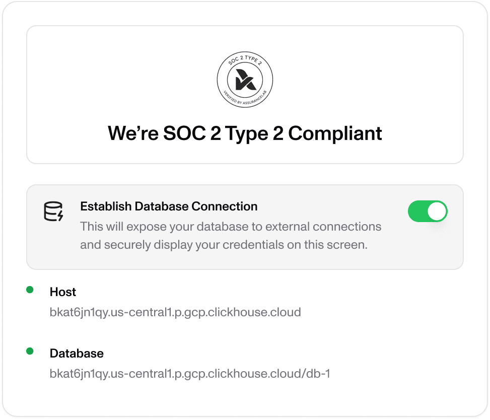 Interface showing SOC 2 Type II compliance and database connection settings. Toggle enabled to establish secure external database connection. Host and database credentials displayed. Emphasizes enterprise-grade security, encryption, and compliance.​​​​‌﻿‍﻿​‍​‍‌‍﻿﻿‌﻿​‍‌‍‍‌‌‍‌﻿‌‍‍‌‌‍﻿‍​‍​‍​﻿‍‍​‍​‍‌﻿​﻿‌‍​‌‌‍﻿‍‌‍‍‌‌﻿‌​‌﻿‍‌​‍﻿‍‌‍‍‌‌‍﻿﻿​‍​‍​‍﻿​​‍​‍‌‍‍​‌﻿​‍‌‍‌‌‌‍‌‍​‍​‍​﻿‍‍​‍​‍​‍﻿﻿‌﻿​﻿‌﻿‌​‌﻿‌‌‌‍‌​‌‍‍‌‌‍﻿﻿​‍﻿﻿‌‍‍‌‌‍﻿‍‌﻿‌​‌‍‌‌‌‍﻿‍‌﻿‌​​‍﻿﻿‌‍‌‌‌‍‌​‌‍‍‌‌﻿‌​​‍﻿﻿‌‍﻿‌‌‍﻿﻿‌‍‌​‌‍‌‌​﻿﻿‌‌﻿​​‌﻿​‍‌‍‌‌‌﻿​﻿‌‍‌‌‌‍﻿‍‌﻿‌​‌‍​‌‌﻿‌​‌‍‍‌‌‍﻿﻿‌‍﻿‍​﻿‍﻿‌‍‍‌‌‍‌​​﻿﻿‌​﻿​​​﻿​‌‌‍‌​​﻿​​​﻿‍​​﻿​﻿​﻿‌‍​﻿‌‍​‍﻿‌​﻿‍​‌‍‌‌‌‍‌‌​﻿‌​​‍﻿‌​﻿‌​​﻿‌﻿‌‍​‍‌‍​‍​‍﻿‌‌‍​‍​﻿‌‍​﻿‍​‌‍​‌​‍﻿‌​﻿‌﻿​﻿‍​‌‍​‌‌‍‌​​﻿‌‌​﻿​‌​﻿​‍​﻿‌​​﻿‌​​﻿‌‌‌‍‌‍‌‍​‍​﻿‍﻿‌﻿‌​‌﻿‍‌‌﻿​​‌‍‌‌​﻿﻿‌‌‍​‌‌﻿​﻿‌﻿​﻿‌‍‌‌‌﻿‌​​﻿‍﻿‌﻿​​‌‍​‌‌﻿‌​‌‍‍​​﻿﻿‌‌‍​‌‌‍﻿​‌﻿‌​​﻿﻿﻿‌‍​‍‌‍​‌‌﻿​﻿‌‍‌‌‌‌‌‌‌﻿​‍‌‍﻿​​﻿﻿‌​‍‌‌​﻿​‍‌​‌‍‌﻿​﻿‌﻿‌​‌﻿‌‌‌‍‌​‌‍‍‌‌‍﻿﻿​‍‌‍‌‍‍‌‌‍‌​​﻿﻿‌​﻿​​​﻿​‌‌‍‌​​﻿​​​﻿‍​​﻿​﻿​﻿‌‍​﻿‌‍​‍﻿‌​﻿‍​‌‍‌‌‌‍‌‌​﻿‌​​‍﻿‌​﻿‌​​﻿‌﻿‌‍​‍‌‍​‍​‍﻿‌‌‍​‍​﻿‌‍​﻿‍​‌‍​‌​‍﻿‌​﻿‌﻿​﻿‍​‌‍​‌‌‍‌​​﻿‌‌​﻿​‌​﻿​‍​﻿‌​​﻿‌​​﻿‌‌‌‍‌‍‌‍​‍​‍‌‍‌﻿‌​‌﻿‍‌‌﻿​​‌‍‌‌​﻿﻿‌‌‍​‌‌﻿​﻿‌﻿​﻿‌‍‌‌‌﻿‌​​‍‌‍‌﻿​​‌‍​‌‌﻿‌​‌‍‍​​﻿﻿‌‌‍​‌‌‍﻿​‌﻿‌​​‍‌‍‌﻿​​‌‍‌‌‌﻿​‍‌﻿​﻿‌﻿​​‌‍‌‌‌‍​﻿‌﻿‌​‌‍‍‌‌﻿‌‍‌‍‌‌​﻿﻿‌‌﻿​​‌﻿‌‌‌‍​‍‌‍﻿​‌‍‍‌‌﻿​﻿‌‍‍​‌‍‌‌‌‍‌​​‍​‍‌﻿﻿‌